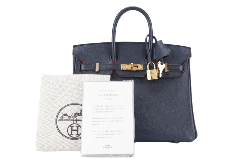 HERMES BIRKIN 25 CONTOUR BLUE INDIGO EPSOM LEATHER GOLD HARDWARE STAMP X (2016) WITH KEYS&LOCK, RAIN COAT AND DUST COVER