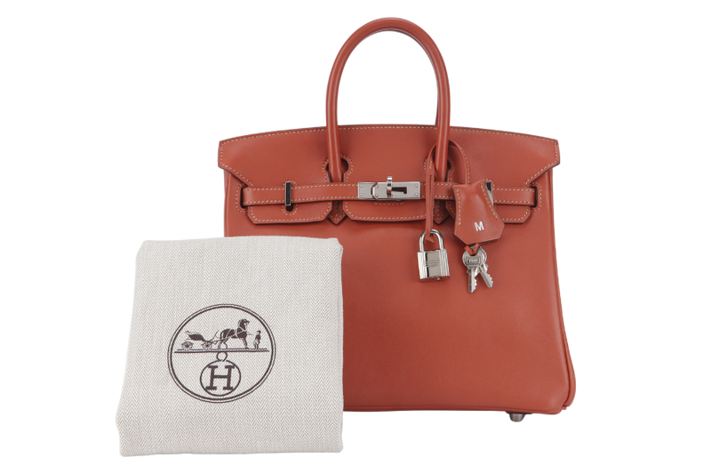 HERMES BIRKIN 25 STAMP L (YEAR 2008) ROSY SWIFT LEATHER SILVER HARDWARE WITH LOCK & KEYS AND DUST COVER