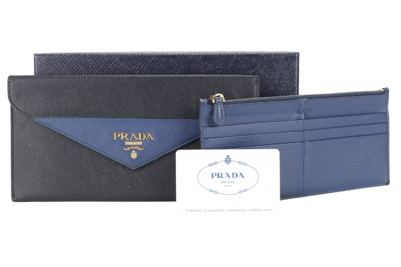 PRADA 1MF006 SAFFIANO LEATHER ENVELOPE CLUTCH BLACK & BLUE WITH CARD AND BOX
