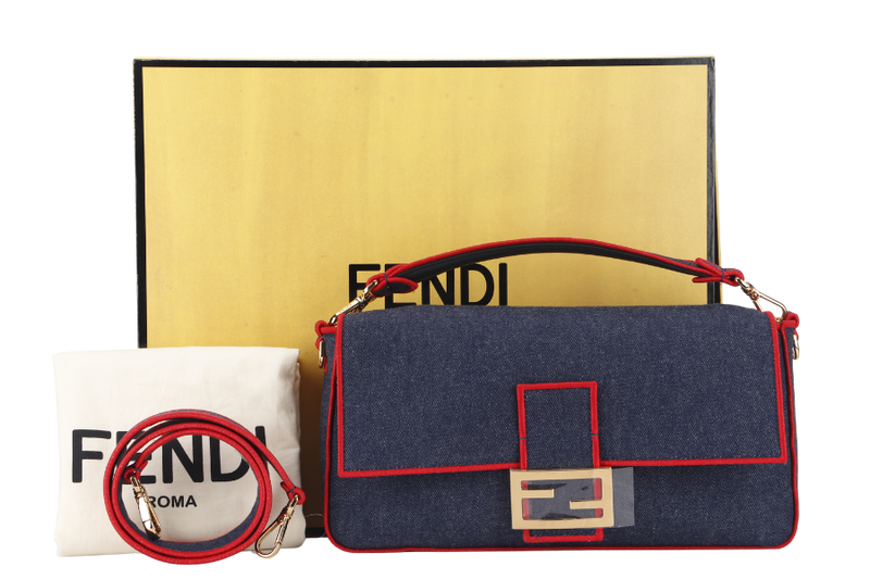 FENDI BAGUETTE SHOULDER BAG (8BR771) LARGE BLUE DENIM GOLD HARDWARE WITH STRAP, DUST COVER AND BOX