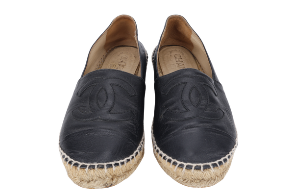 CHANEL ESPADRILLES SHOES BLACK LEATHER SIZE 38 WITH DUST COVER