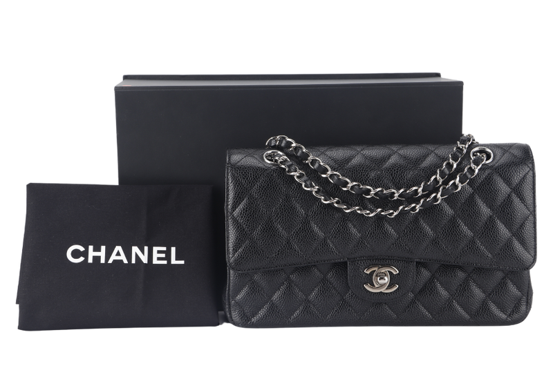 CHANEL CLASSIC FLAP (2618xxxx) MEDIUM BLACK CAVIAR SILVER HARDWARE NO CARD WITH DUST COVER AND BOX