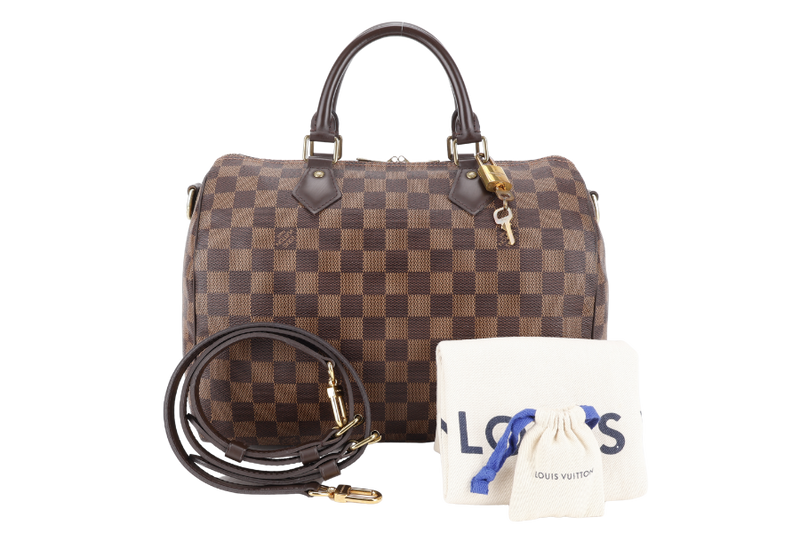 LOUIS VUITTON SPEEDY 30 DAMIER EBENE CANVAS GOLD HARDWARE WITH STRAPS, LOCK & KEYS AND DUST COVER