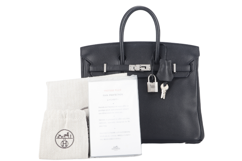 HERMES BIRKIN 25 BLACK EPSOM SILVER HARDWARE STAMP L (2008) WITH KEYS&LOCK, RAINCOAT AND DUST COVER