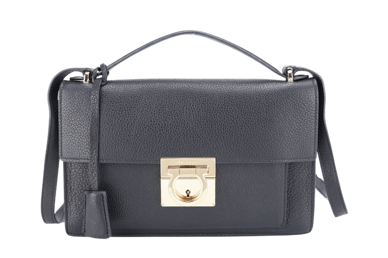 SALVATORE FERRAGAMO BLACK LEATHER GOLD HARDWARE WITH DUST COVER, BOX AND KEY POCHETTE