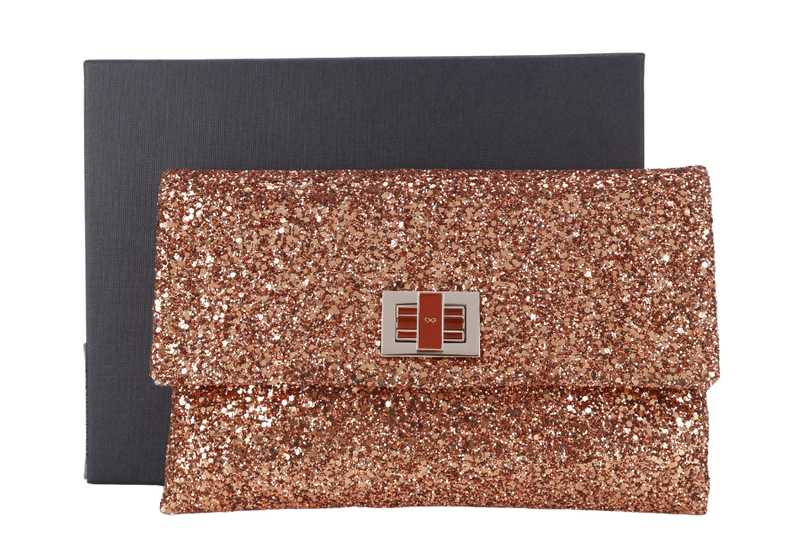 ANYA HINDMARCH BRONZE GLITTER VALORIE CLUTCH WITH BOX ONLY