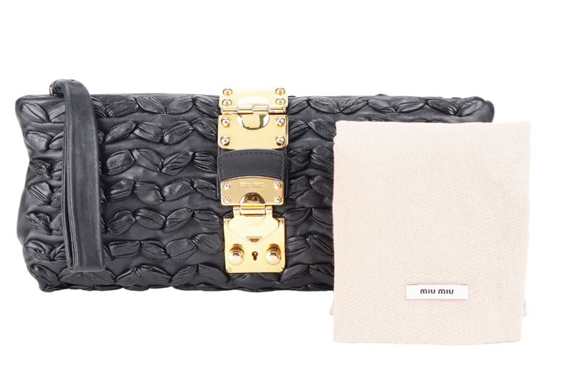 MIU MIU BLACK CLUTCH PLISSE LEATHER GOLD HARDWARE WITH DUST COVER