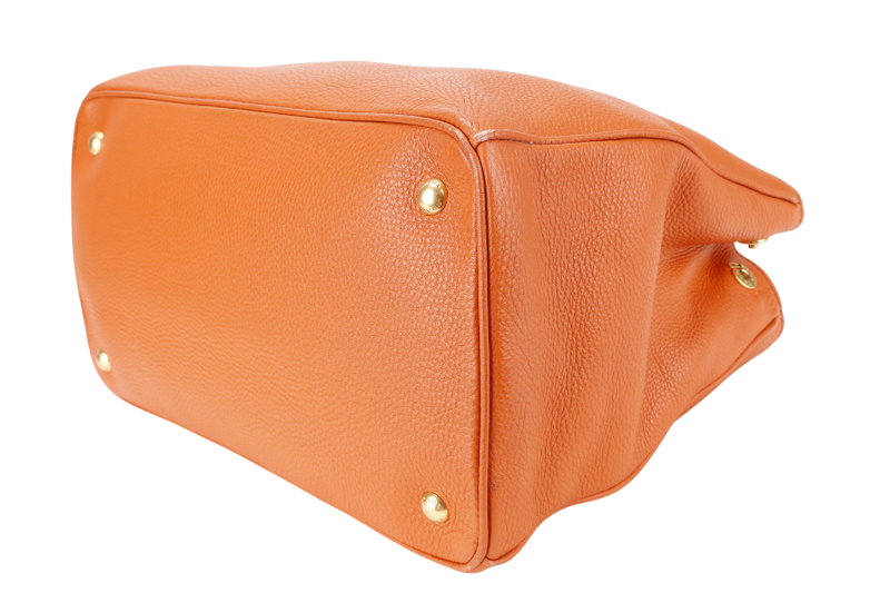PRADA BN2579 VITELLO DAINO ZIP BAG ORANGE LEATHER GOLD HARDWARE WITH DUST COVER, LONG STRAPS AND CARD