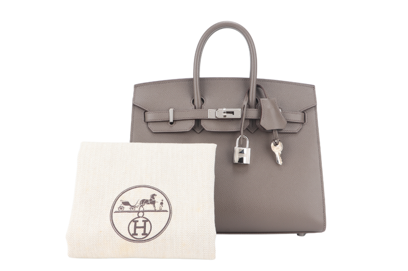 HERMES BIRKIN 25 SELLIER GRIS ETAIN EPSOM SILVER HARDWARE STAMP Y (YEAR 2020) WITH DUST COVER