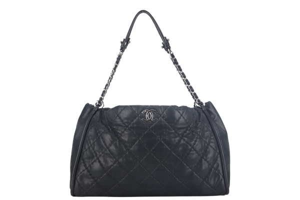 CHANEL GLAZED DOUBLE STITCH TOTE (1658xxxx) BLACK CALFSKIN SILVER HARDWARE WITH CARD, DUST COVER AND BOX