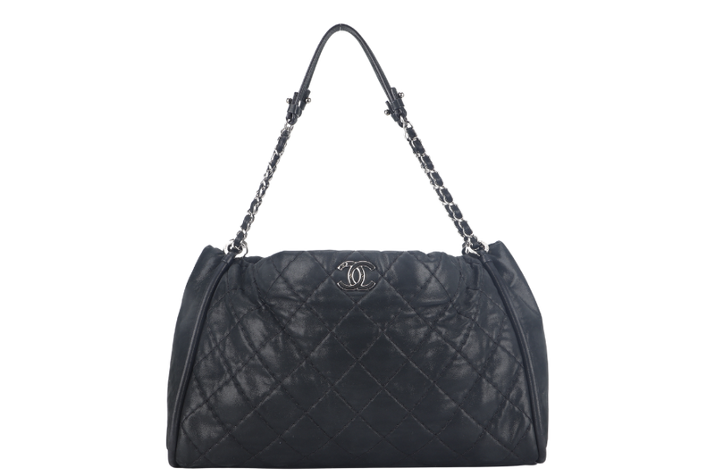 CHANEL GLAZED DOUBLE STITCH TOTE (1658xxxx) BLACK CALFSKIN SILVER HARDWARE WITH CARD, DUST COVER AND BOX