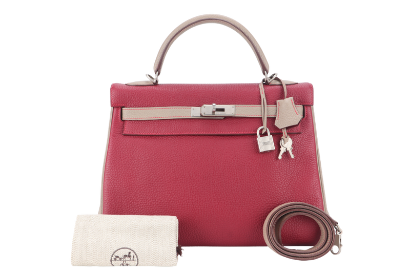 HERMES KELLY 32 HSS VERSO TOSCA AND GRIS T COLOR TOGO LEATHER BRUSHED SILVER HARDWARE STAMP O (YEAR 2011) WITH LOCK, KEYS AND STRAP, NO DUST COVER