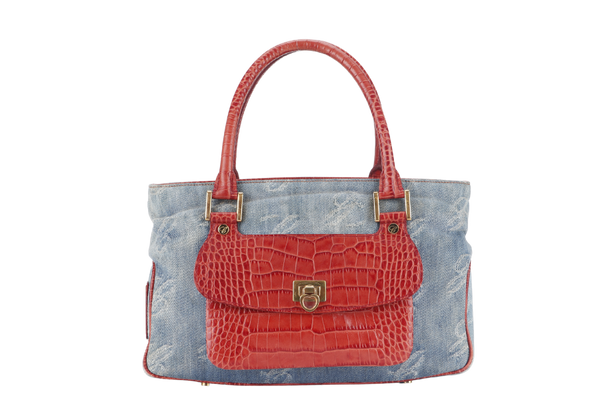 CHOPARD DENIM AND RED CROC SKIN EMBOSSED SHOULDER BAG WITH DUST COVER