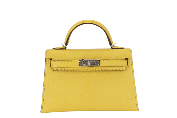 HERMES KELLY 20 VERSO JAUNE DE NAPLES AND GOLD COLOR CHEVRE LEATHER WITH SILVER HARDWARE STAMP Y (2000) WITH LOCK&KEYS, STRAPS AND DUST COVER