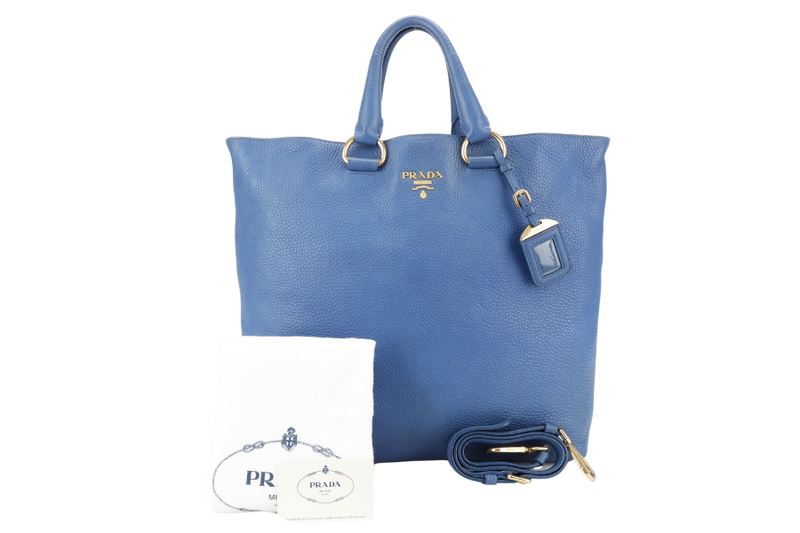 PRADA BLUE VITELLO DAINO LEATHER TOTE GOLD HARDWARE WITH STRAPS, CARD AND DUST COVER