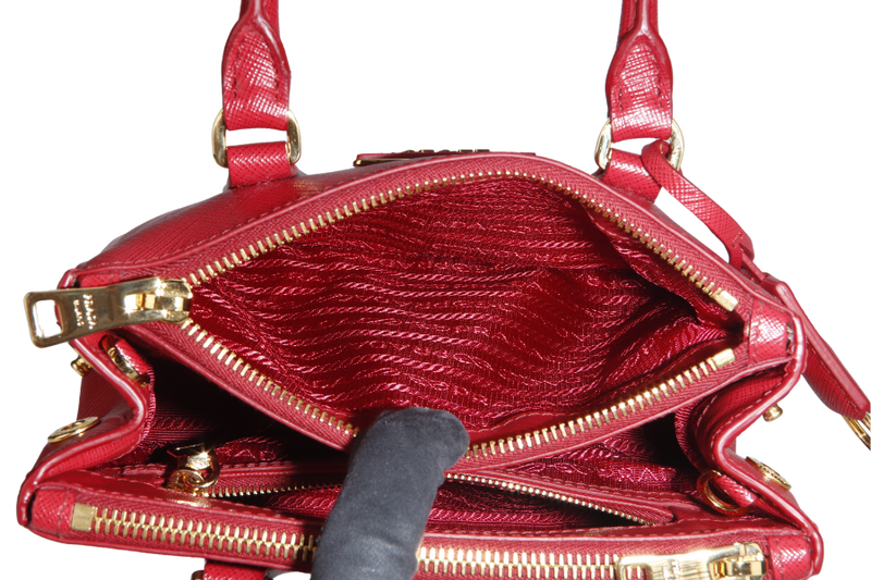 PRADA GALLERIA MINI TOTE (1BA906) RED SAFFIANO LEATHER GOLD HARDWARE WITH STRAP AND DUST COVER