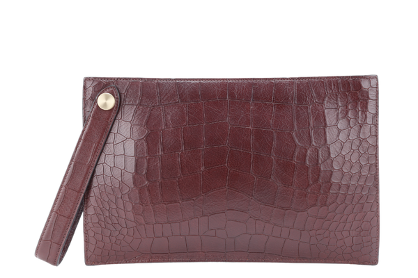 MULBERRY OXBLOOD EMBOSSED CROC LEATHER CLUTCH GOLD HARDWARE WITH DUST COVER