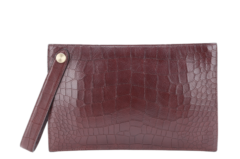 MULBERRY OXBLOOD EMBOSSED CROC LEATHER CLUTCH GOLD HARDWARE WITH DUST COVER