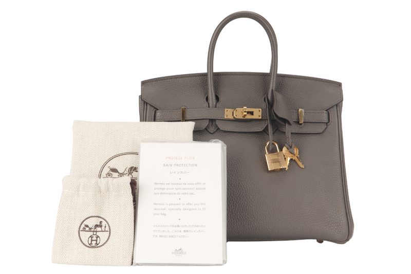 HERMES BIRKIN 25 ETAINE TOGO LEATHER RGHW STAMP Z (2021) WITH KEYS&LOCK, RAINCOAT AND DUST COVER