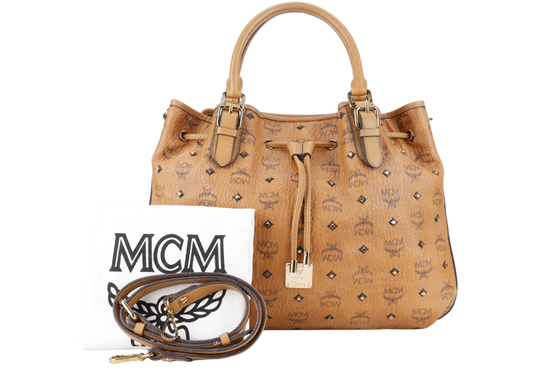 MCM VISETOS TWO WAY BAG BROWN CALFSKIN LEATHER GOLD HARDWARE WITH STRAPS, DUST COVER AND CARD