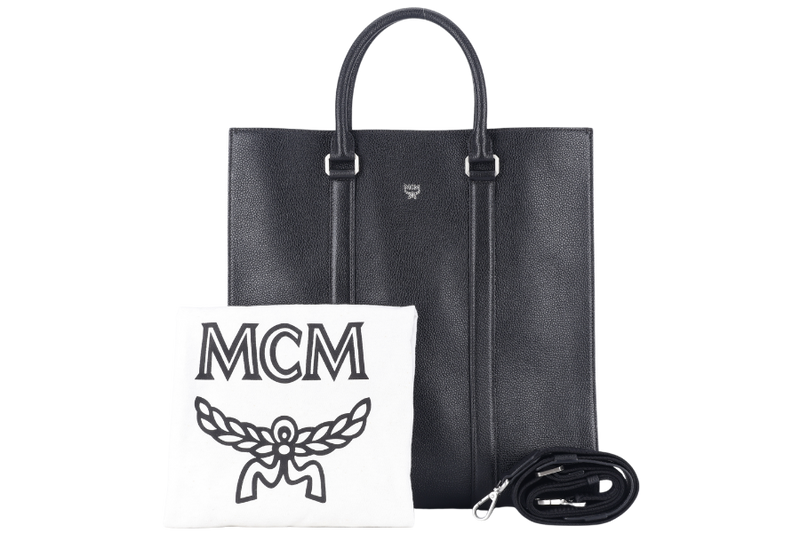 MCM DOCUMENT SAC 2 WAY BAG(G8434) BLACK CALF LEATHER SILVER HARDWARE WITH LONG STRAPS AND DUST COVER