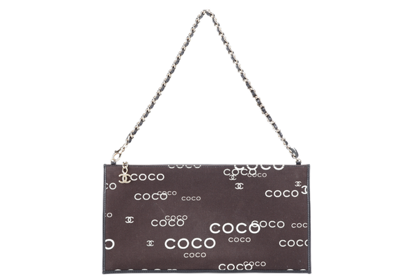 CHANEL COCO CHAIN POUCH (721xxxx) BLACK CANVAS GOLD HARDWARE WITH DUST COVER AND BOX