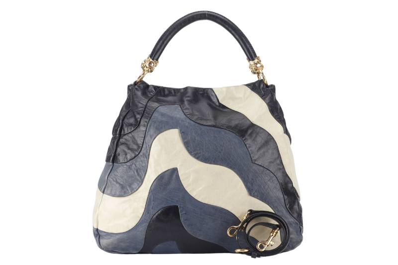 MIU MIU PATCHWORK HOBO BLUE WHITE CALF LEATHER GOLD HARDWARE NO DUST COVER