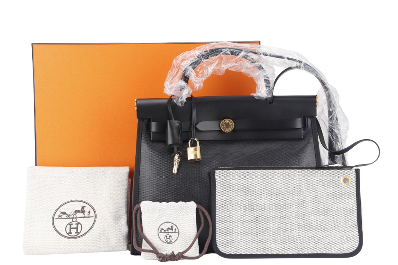 HERMES HERBAG 31CM BLACK TOILE H BERLINE COATED CANVAS GOLD HARDWARE STAMP W (2024) WITH KEYS&LOCK, DUST COVER AND BOX