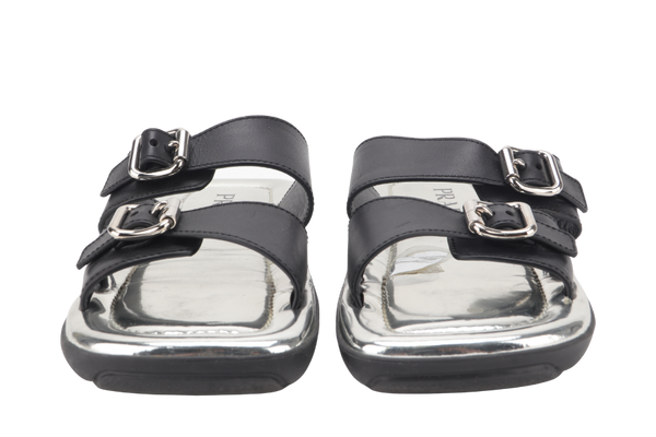 PRADA BLACK LEATHER BUCKLES SILVER PATENT LEATHER MULES SANDALS EU SIZE 37 WITH DUST COVER