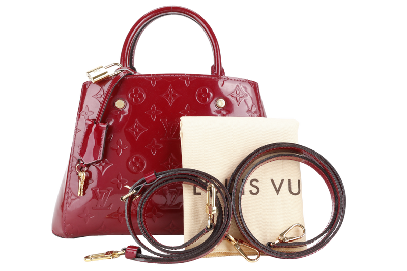 LOUIS VUITTON MONTAIGNE BB MAGENTA MONOGRAM VERNIS GOLD HARDWARE WITH STRAPS, LOCK & KEYS AND DUST COVER