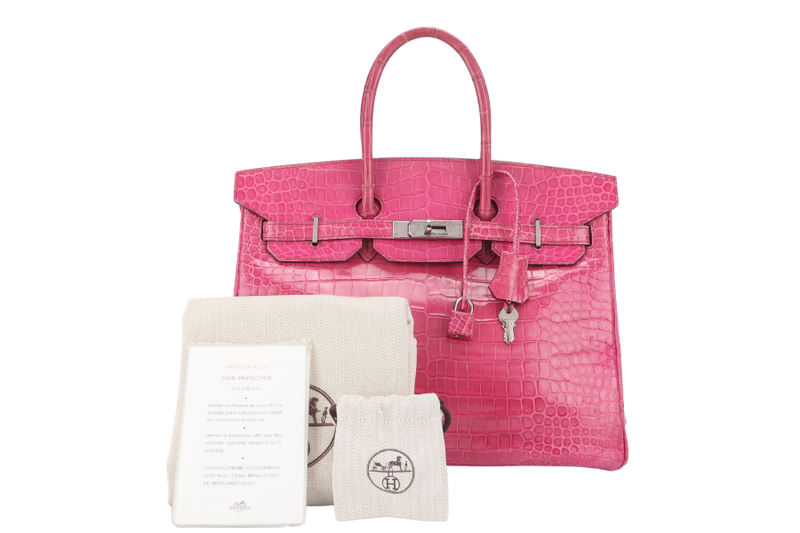 HERMES BIRKIN 35 SHINY POROSUS ROSE TYRIEN SILVER HARDWARE STAMP UNCLEAR WITH KEYS, LOCK, RAINCOAT AND DUST COVER