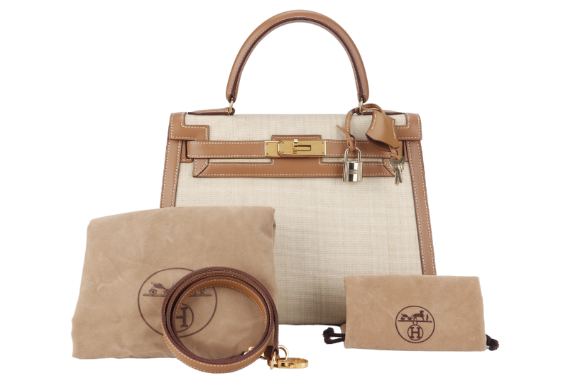 HERMES KELLY 28CM VINTAGE CRINOLINE VACHE NATURAL WITH GOLD HARDWARE STAMP Z CIRCLE (1996) WITH STRAP, LOCK&KEYS AND DUST COVER