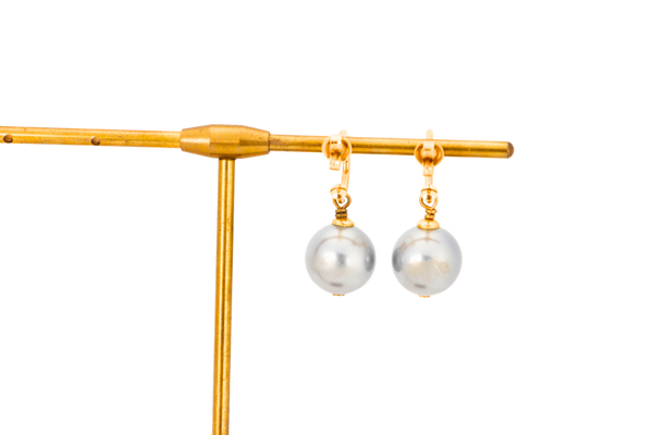 CHANEL GREY FAUX PEARL WITH GOLD J SHAPED EARRINGS, NO BOX