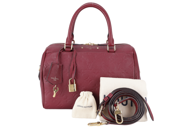 LOUIS VUITTON M44145 SPEEDY BANDOULIERE 25 MONOGRAM BURGUNDY EMPREINTE LEATHER GOLD HARDWARE WITH LEATHER STRAPS, KEY&PADLOCK AND DUST COVER