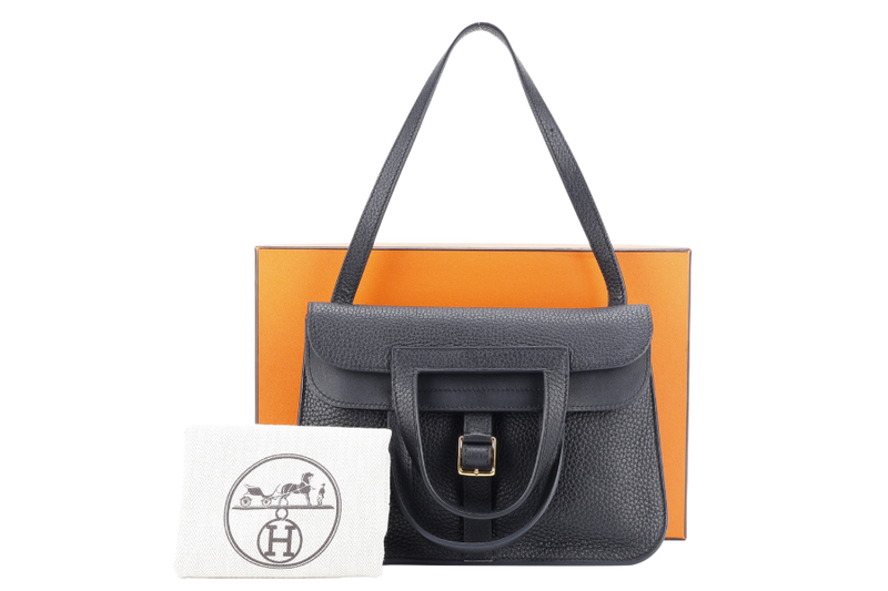 HERMES HAIZAN 25CM BLACK CLEMENCE LEATHER WITH GOLD HARDWARE STAMP Z (YEAR 2021) WITH STRAPS, DUST COVER AND BOX