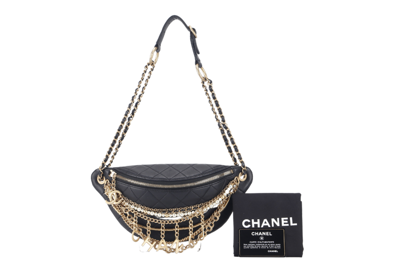 CHANEL 19A ALL ABOUT CHAINS (2830xxxx) BLACK LEATHER BUMBAG WITH CARD AND DUST COVER