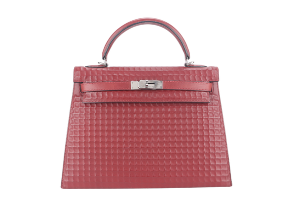 HERMES KELLY 32 WAFFLE SELLIER STAMP G (YEAR 2003) ROUGE H EVERCALF LEATHER SILVER HARDWARE WITH STRAPS, DUST COVER (NO KEYS & LOCK)