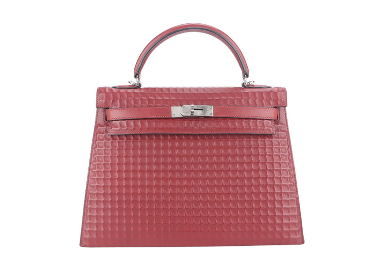HERMES KELLY 32 WAFFLE SELLIER STAMP G (YEAR 2003) ROUGE H EVERCALF LEATHER SILVER HARDWARE WITH STRAPS, DUST COVER (NO KEYS & LOCK)