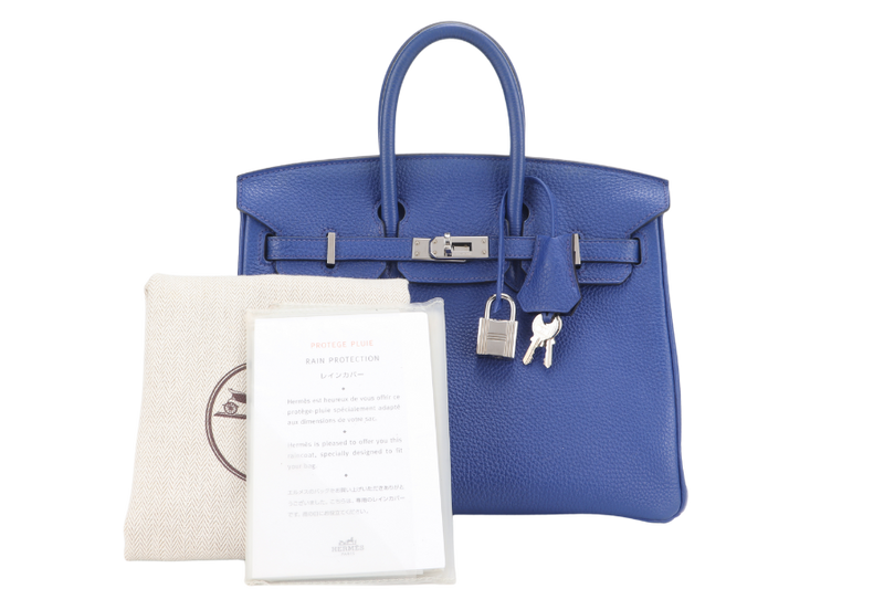 HERMES BIRKIN 25 BLUE ELECTRIC TOGO SILVER HARDWARE STAMP O (YEAR 2011) WITH KEYS, LOCK, DUST COVER AND RAINCOAT