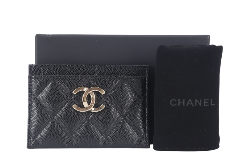 CHANEL BLACK CAVIAR CARD CASE MICROCHIP (X6XPxxxx) LIGHT GOLD HARDWARE WITH DUST COVER AND BOX