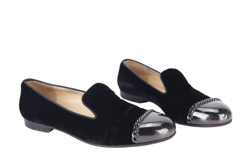 CHRISTIAN LOUBOUTIN BLACK VELVET FLAT 38.5 WITH DUST COVER