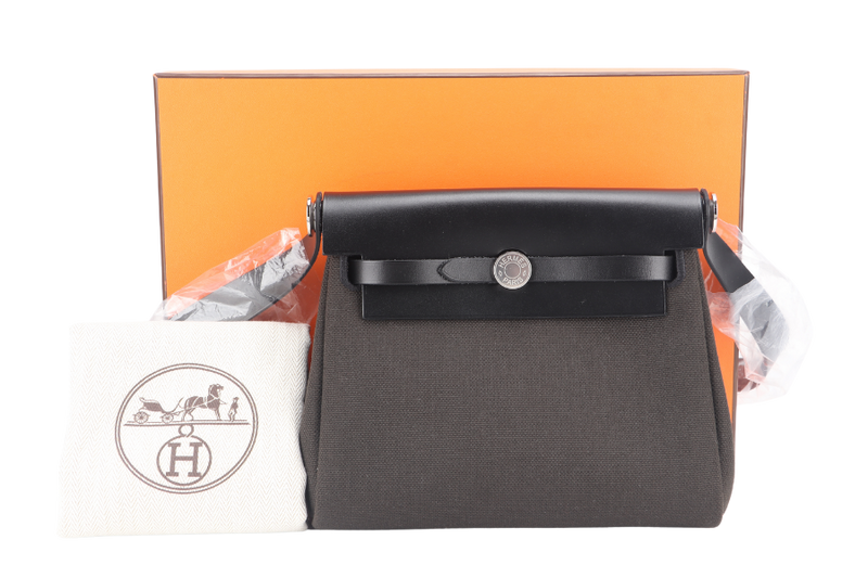 HERMES MINI HERBAG BLACK, DARK BRONZE SILVER HARDWARE STAMP W (YEAR 2024) WITH DUST COVER AND BOX