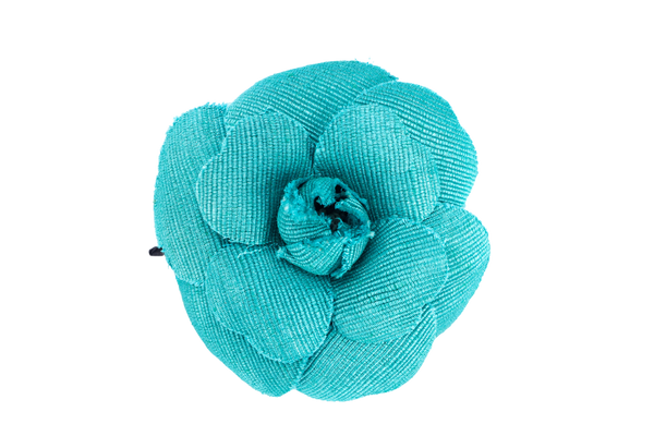 CHANEL GREEN CANVAS CAMELIA BROOCH WITH BOX