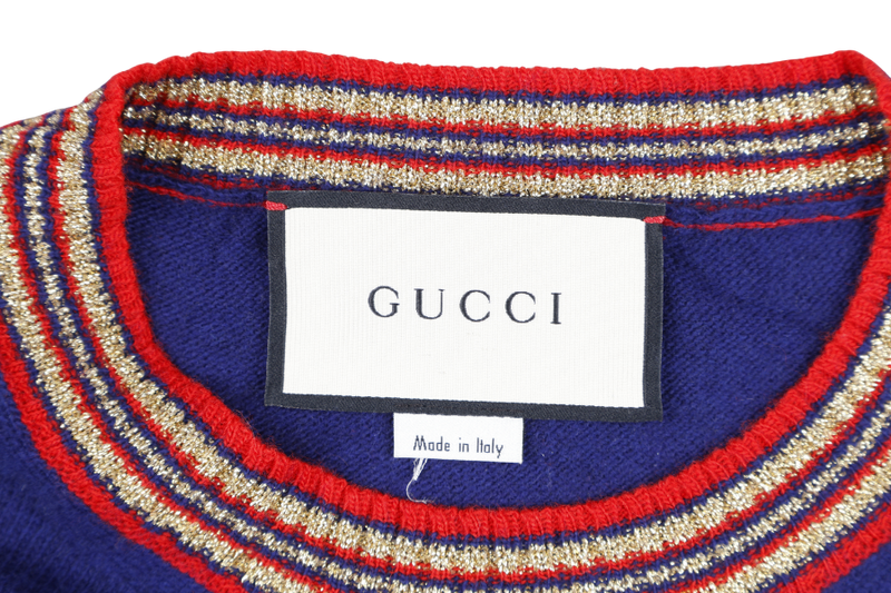 GUCCI INTARSIA CUBE SWEATER KNIT NAVY WOOL &amp; CASHMERE-BLEND
