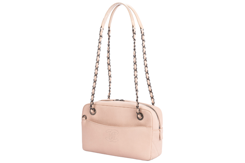 Chanel Light Beige Caviar Leather Camera Bag Ruthenium Chain