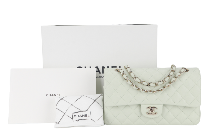 CHANEL FLAP MEDIUM (ALUNxxxx) MINT GREEN CAVIAR LEATHER LIGHT GOLD HARDWARE MICROCHIP WITH DUST COVER