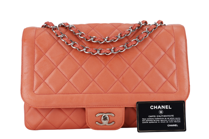 CHANEL COCO RIDER FLAP BAG (1465xxxx) LARGE PINK LAMBSKIN SILVER HARDWARE WITH CARD