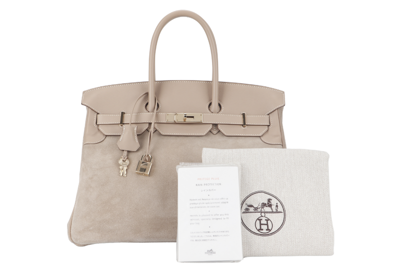 HERMES BIRKIN 35 GRIZZLY ARGILE SWIFT, DOBLIS WITH PERMABRASS HARDWARE STAMP Q (2013) WITH KEYS, LOCK, RAINCOAT AND DUST COVER