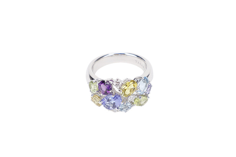 TASAKI COLOR STONE AND DIAMOND RING 18K WG SETTINGS 9.4G 0.17CT WITH BOX