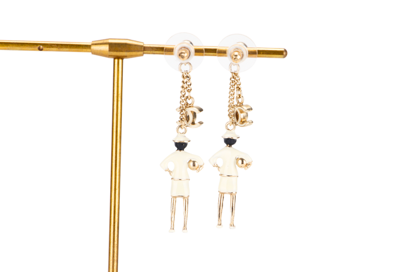 CHANEL WHITE ENAMEL COCO FIGURINE DROP EARRING, NO BOX